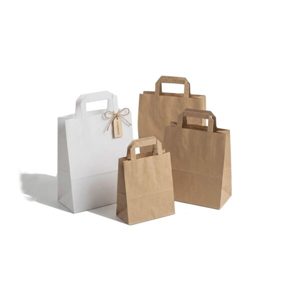 Balti ir rudi Flat tipo popieriniai maišeliai su plokščiomis rankenėlėmis.