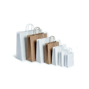 Rudi ir spalvoti Twist tipo popieriniai maišeliai su suktomis rankenėlėmis.